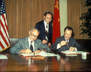 PRESIDENT CLEARY & CHINESE DELEGATION SIGN EDUCATIONAL EXCHANGE AGREEMENT, 1982