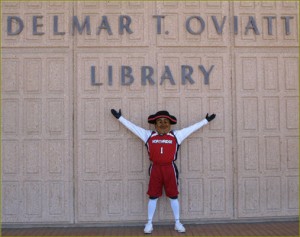 Matty the Matador in front of Library