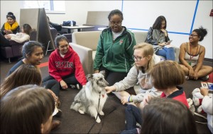 Sheltie dog named Tramp with group of students