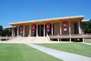 Oviatt Library outside with CSUN banners