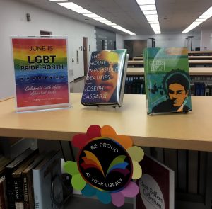 LGBT Pride Month books on display on shelf in learning commons