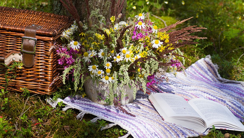 picnic basket, flowers, a blanket and a book