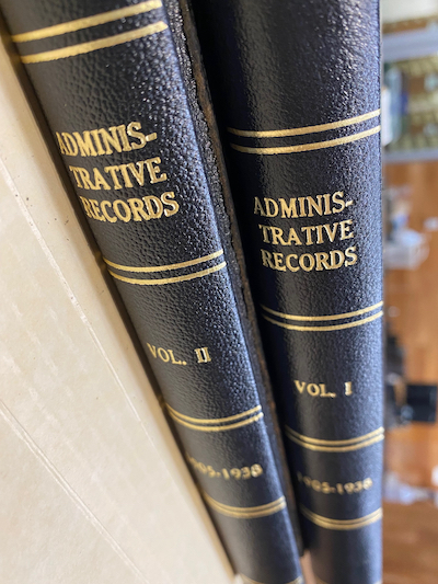 Spine of two books reading "Administrative Records Vol. I" and "Vol. II", from the Los Angeles Weather Station Logbooks Archival Collection