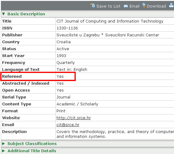 Journal information displayed in Ulrich's showing the Refereed field