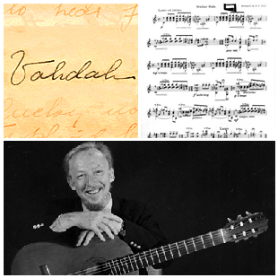 Vahdah Olcott-Bickford signature, guitar music, photograph of Ron Purcell