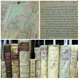 Sanborn map, Civil War diary, and shelf of rare books