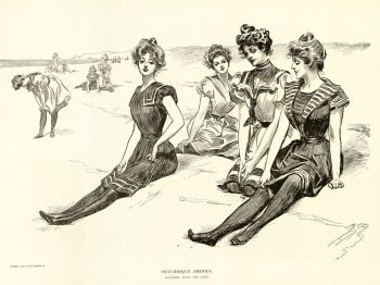 Pin-up drawing of ladies sitting on the beach
