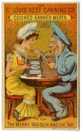 Characters from the Gilbert and Sullivan opera "H.M.S. Pinafore," sharing a meal of the advertised canned beef.