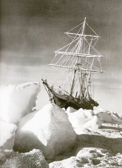 Photograph of a ship trapped in ice