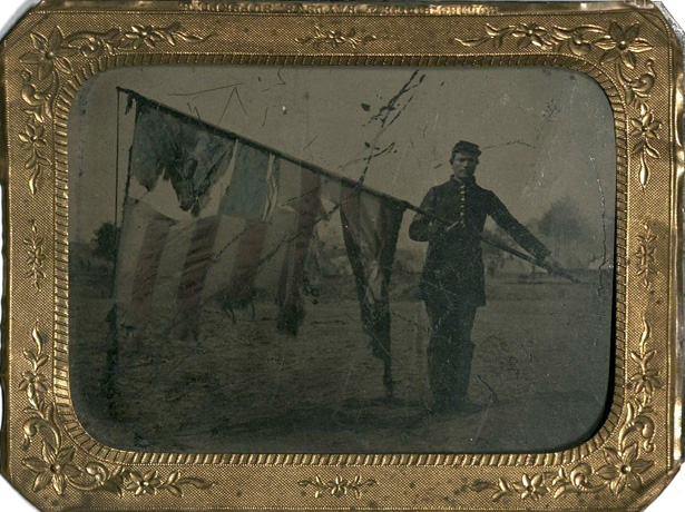 Tintype, soldier with American battle  flag, ca. 1861