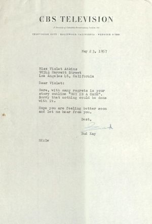 Letter to Violet Atkins from CBS Television