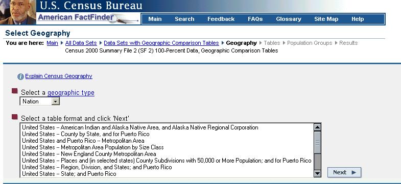 FactFinder Geography Page