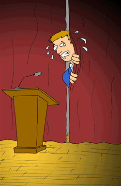 nervous public speaker peeking out from behind curtain