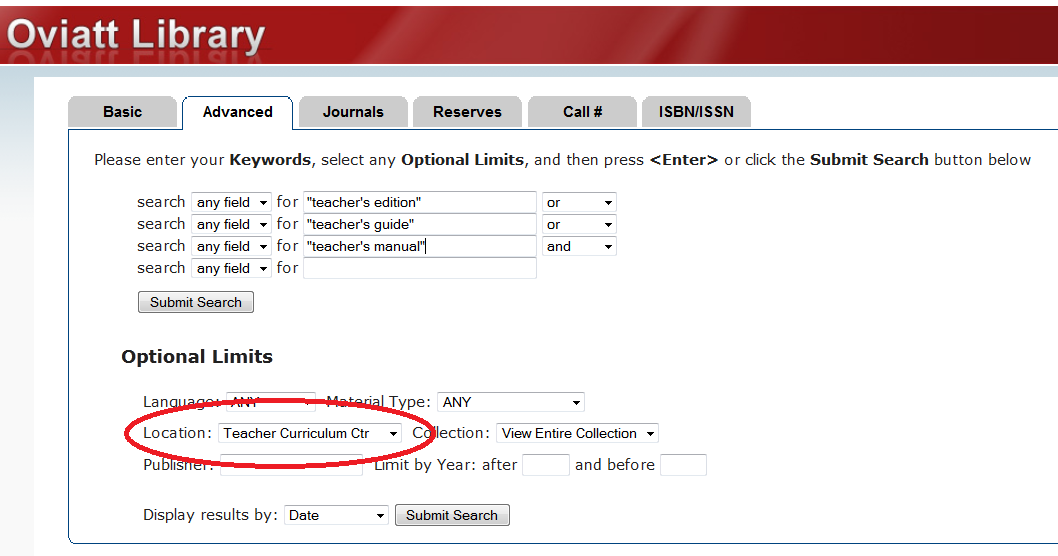 Image of Oviatt Library catalog search for teacher's editions in the TCC