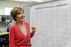 Helen Heinrich, Chair of Collections and Access Management standing in front of a metadata standards poster.