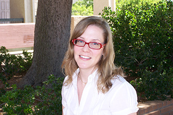 Librarian Laurie Borchard in Front of the Oviatt Library