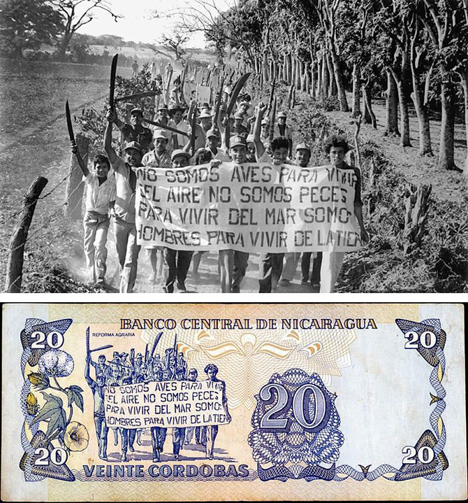 Peasants demonstrating for agrarian reform -- original photo and twenty-cordoba bill