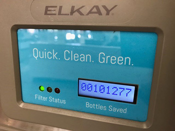 Display on the refillable water bottle station, over 100,000 bottles saved!
