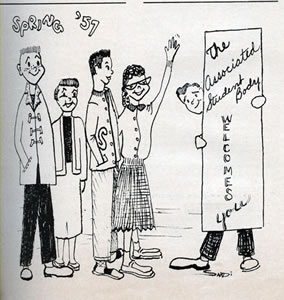 SUNDIAL CARTOON, 1957:  “THE ASSOCIATED STUDENT BODY WELCOMES YOU” 