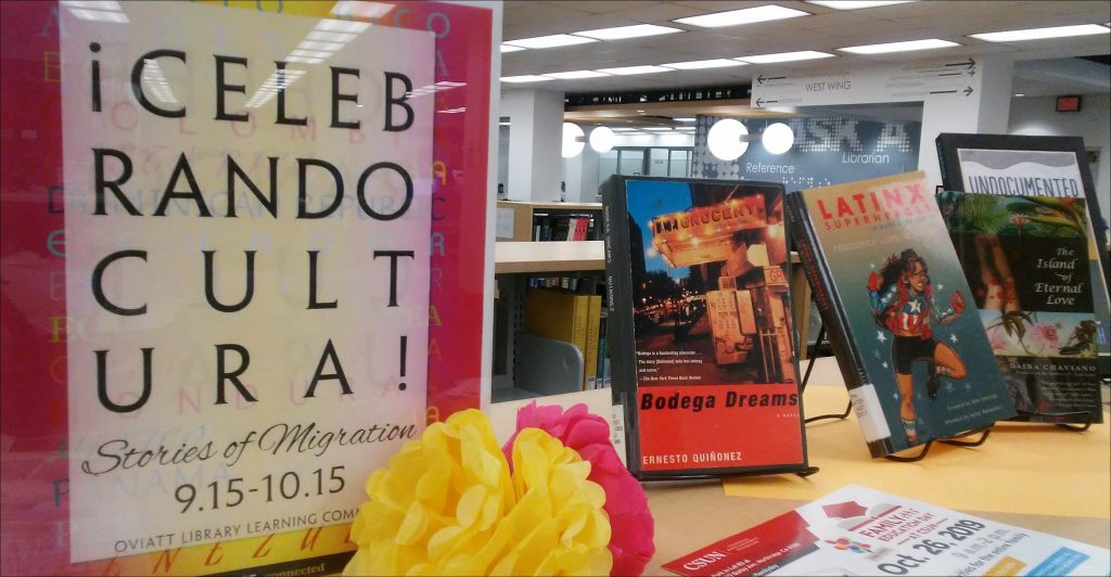 book display with paper flowers