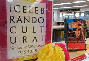 book display with paper flowers