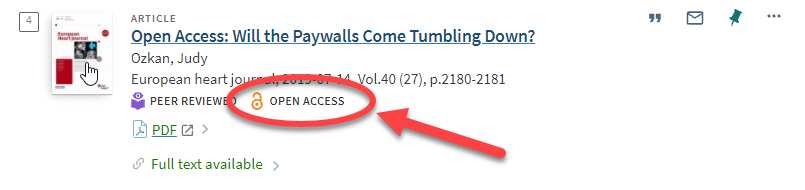 Screenshot of search result in Library Catalog with Open Access icon highlighted