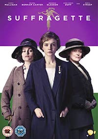 cast of Suffragette on purple, white, and green banner