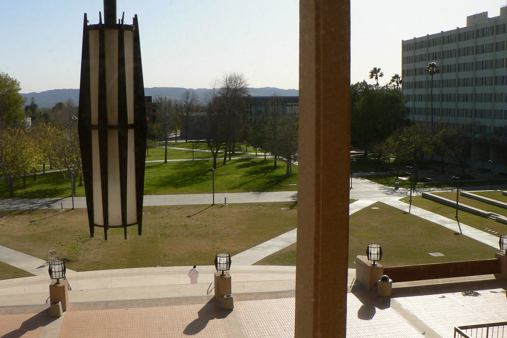 View overlooking the University Library entryway and university lawn, taken from the UL 3rd floor.