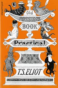 Orange book cover with gray and black illustrations of different cats with fancy hats