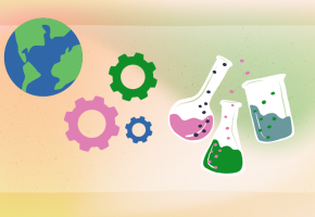 background illustration: globe, gears, and beakers
