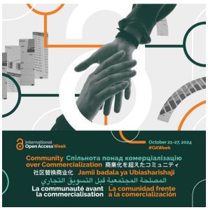 Two hands reaching out to eachother. Text reads "Community over Commercialization" in various languages. 