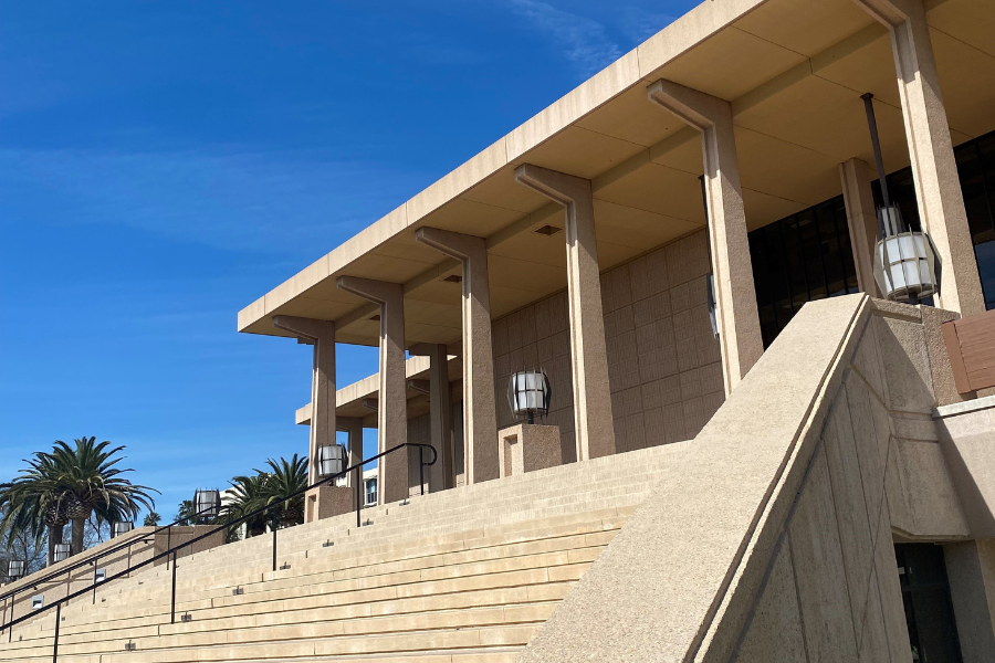 The columns of the CSUN Library building and grand staircase