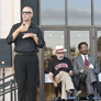 Provost & Vice President for Academic Affairs Harry Hellenbrand, Vice President for Student Affairs William Watkins and CSUN President Dianne Harrison listen to Dean Stover's speech, while an ASL interpreter translates