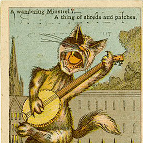 A feline adaptation of a character from the Gilbert and Sullivan opera, The Mikado, advertising for the Great Family Wine & Bottling Company.