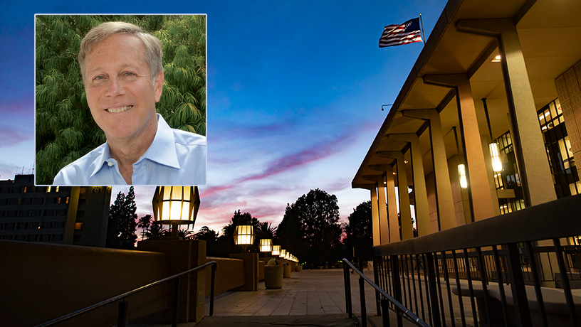 Library at sunset with inset portrait of poet Dana Gioia