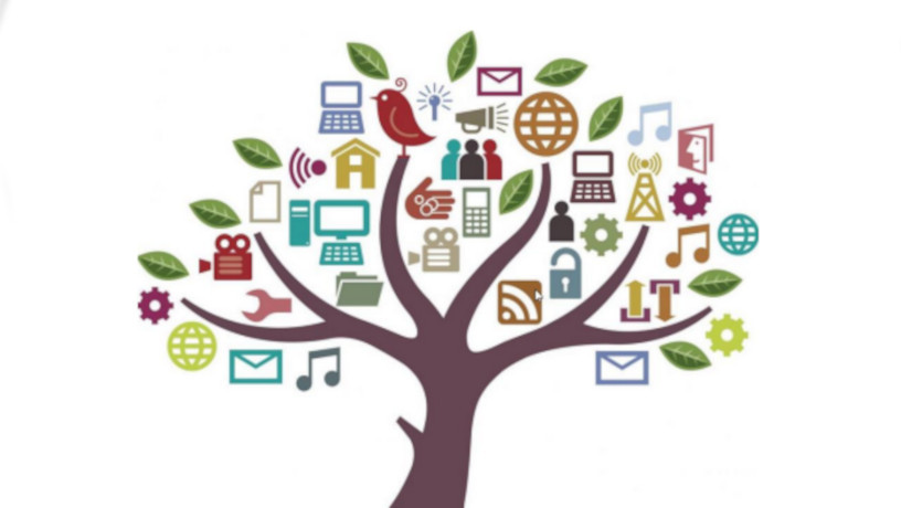 A tree with various icons such as a bird, a camera, a computer, musical notes.