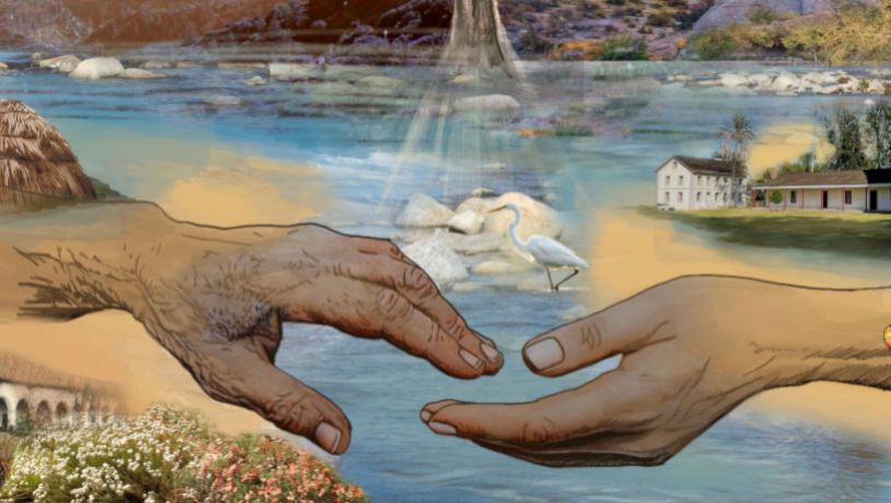 a mural with 2 hands almost touching, palm trees, buildings, a river and a crane bird