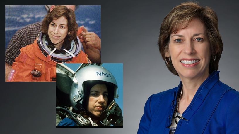 Ellen Ochoa portrait, as a pilot, in an astronaut suit