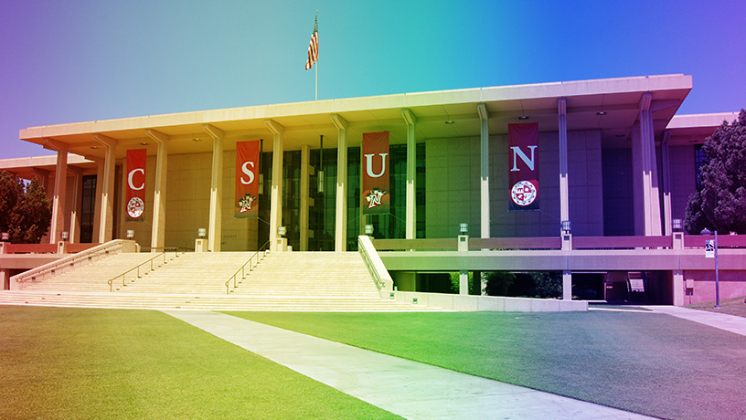 CSUN University Library with rainbow overlay