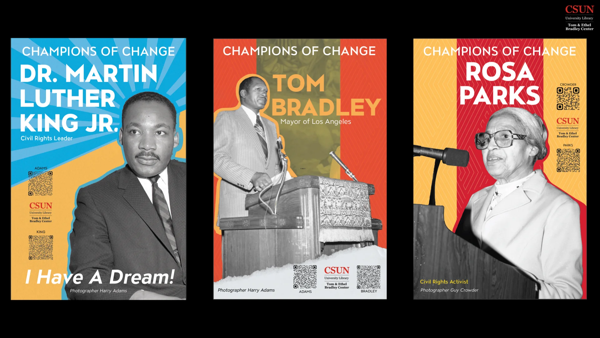 Posters of Dr. Martin Luther King Jr., Mayor Tom Bradley, and Rosa Parks