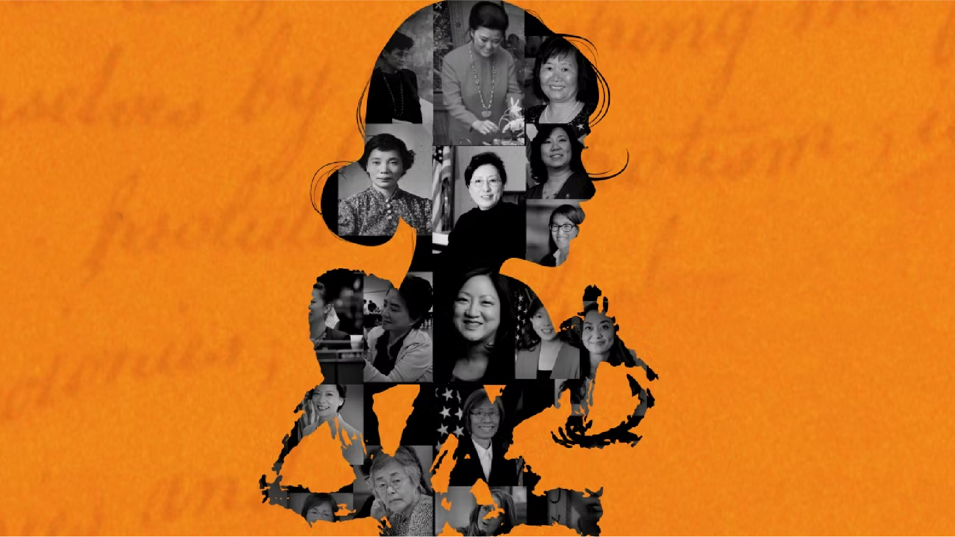 Silhouette of a woman with images of chinese american women inside of it. background has subtle writing on orange paper