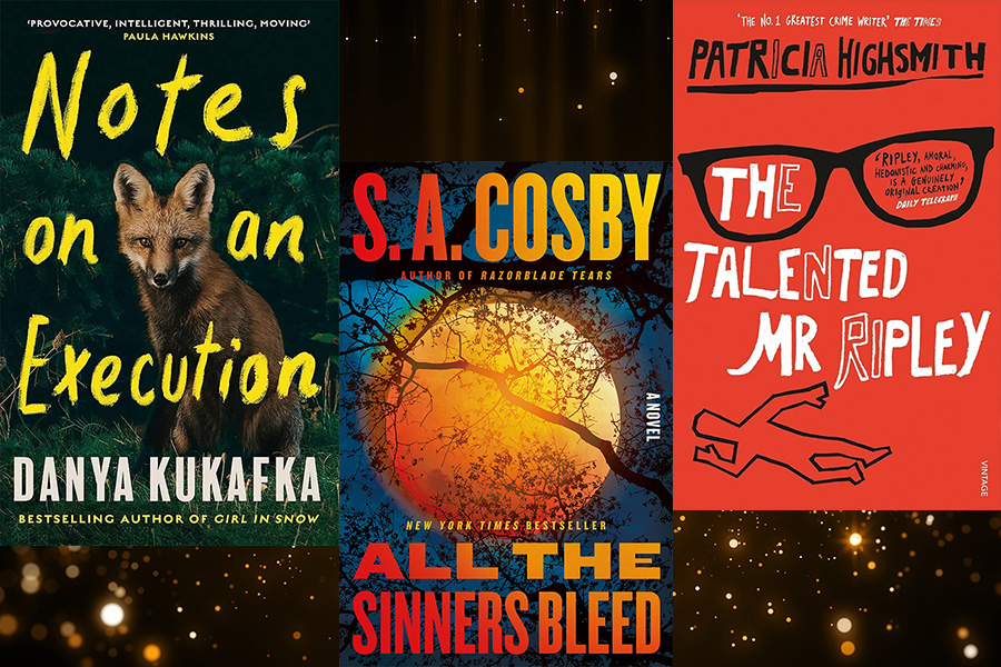 Various book covers with a golden glitter background
