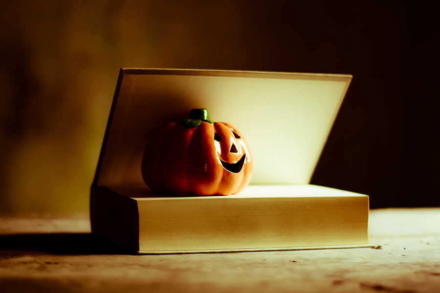 Ceramic pumpkin sitting in a book with shadows