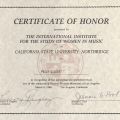 Certificate of honor presented to Peggy Gilbert by the International Institute for the Study of Women in Music, March 8th, 1986