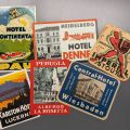 Luggage Tags and Coasters from Furst's trip, including a coaster signed by fellow travelers, 1949
