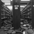Damage to the stacks at the library at California State University, Northridge, after the Northridge Earthquake