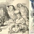 Side-by-side, John Tenniel and Salvador Dalí’s drawing from chapter 3, A Caucus-Race and a Long Tail in Alice‘s Adventures in Wonderland