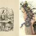 Side-by-side, John Tenniel and Salvador Dalí’s drawing from chapter 5, Advice from a Caterpillar in Alice‘s Adventures in Wonderland