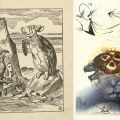 Side-by-side, John Tenniel and Salvador Dalí’s drawing from chapter 9, The Mock Turtle’s Story in Alice‘s Adventures in Wonderland