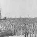 57,000 piles of lumber or stilts driven into the ground to support the shipyard